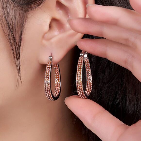 14K White Gold Sterling Silver with Orange Topaz Cubic Zirconia Hoop Earrings
